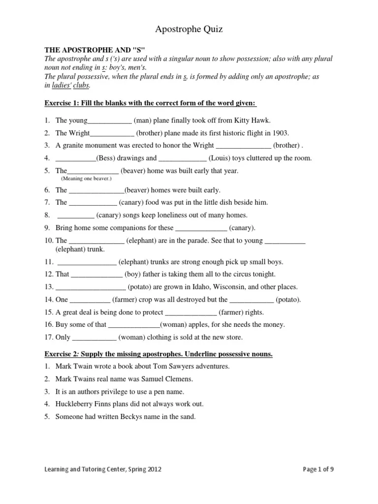 Apostrophe Quiz PDF Mark Twain Language Mechanics Apostrophe Quiz PDF Mark Twain Language Mechanics
