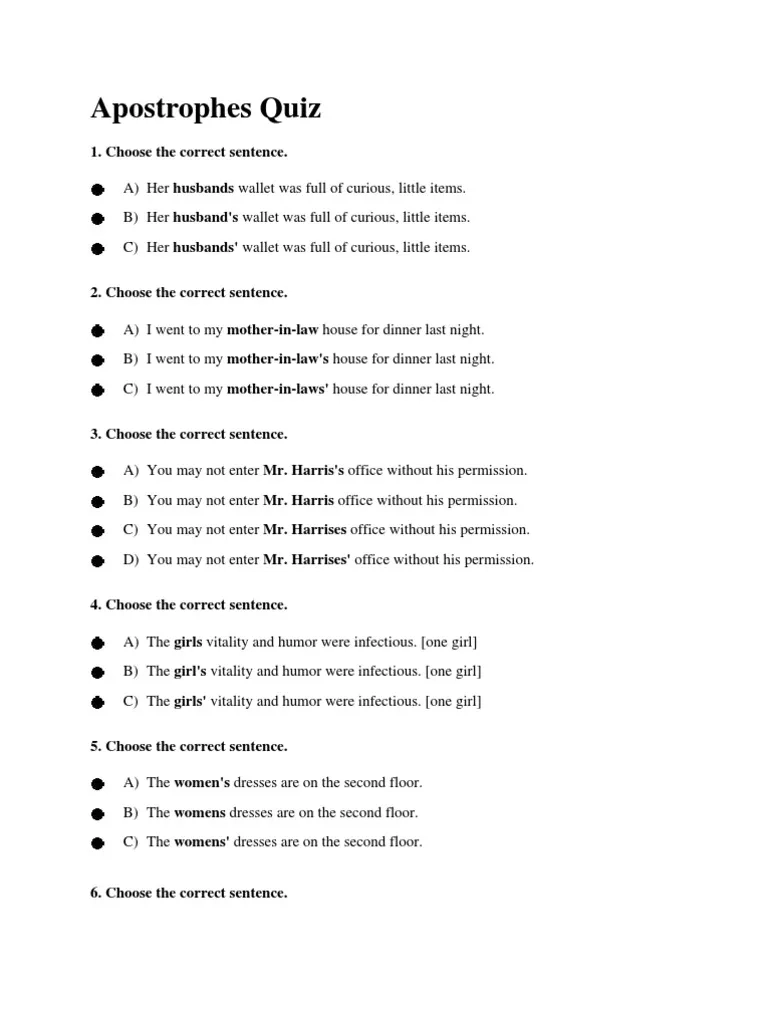 Multiple Choice Apostrophe Quiz Printable Multiple Choice Apostrophe Quiz Printable