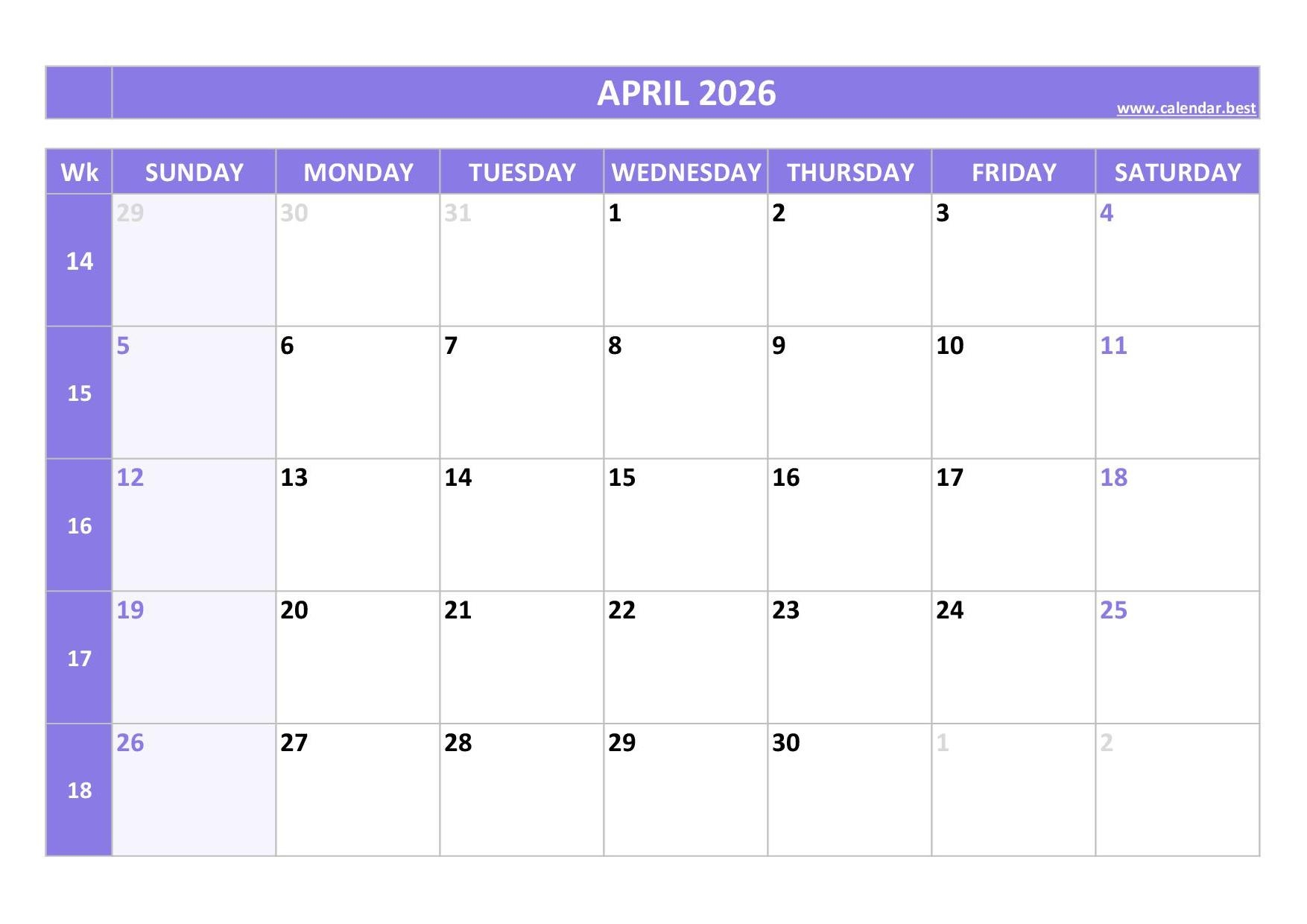 Printable Weekly Planner April 2026