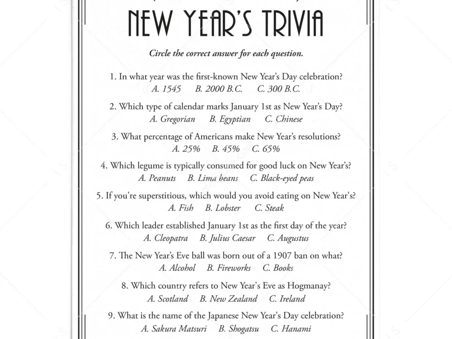 Art Deco New Year s Eve Trivia Quiz With Answers Printable Great Gatsby Theme