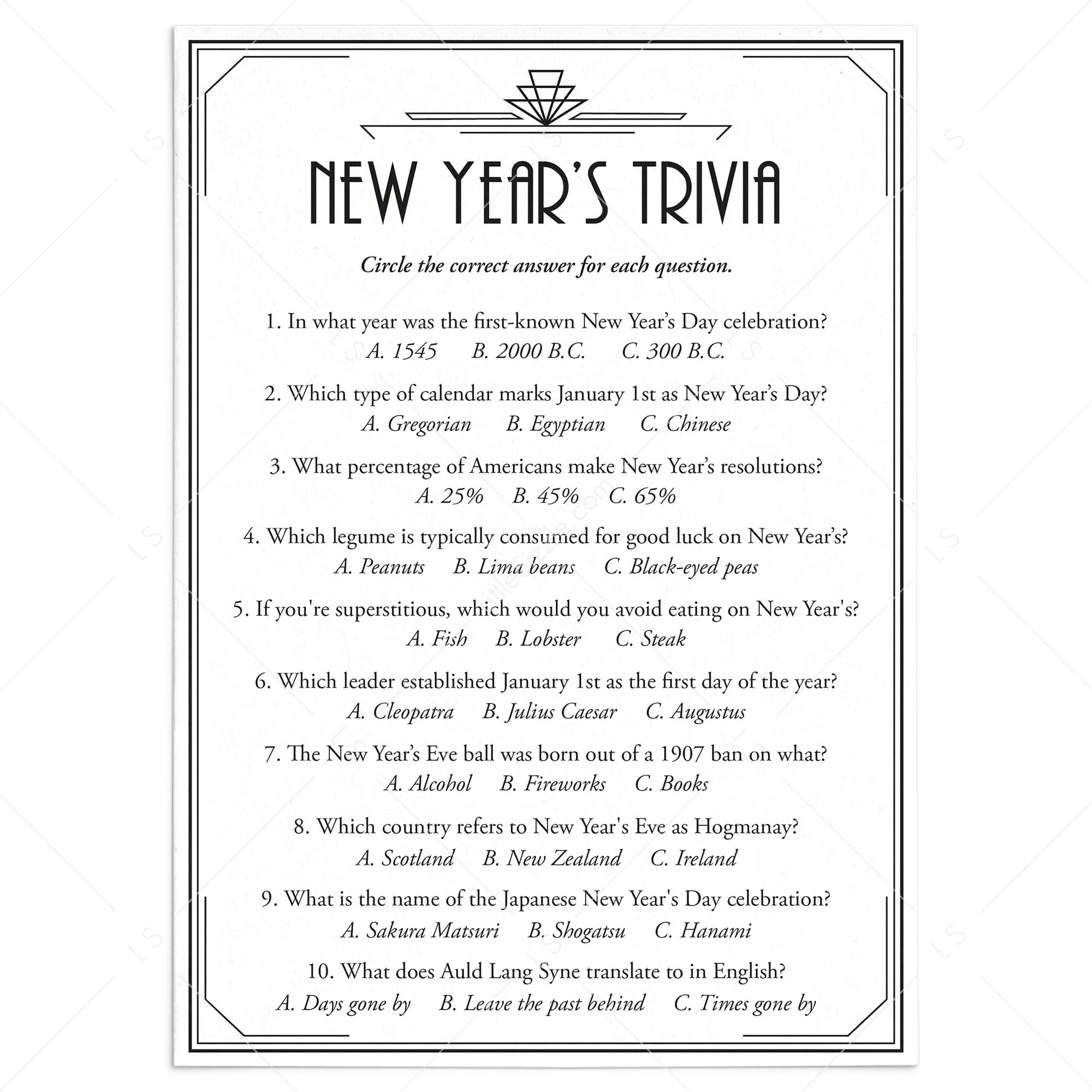 Art Deco New Year s Eve Trivia Quiz With Answers Printable Great Gatsby Theme LittleSizzle Art Deco New Year s Eve Trivia Quiz With Answers Printable Great Gatsby Theme LittleSizzle