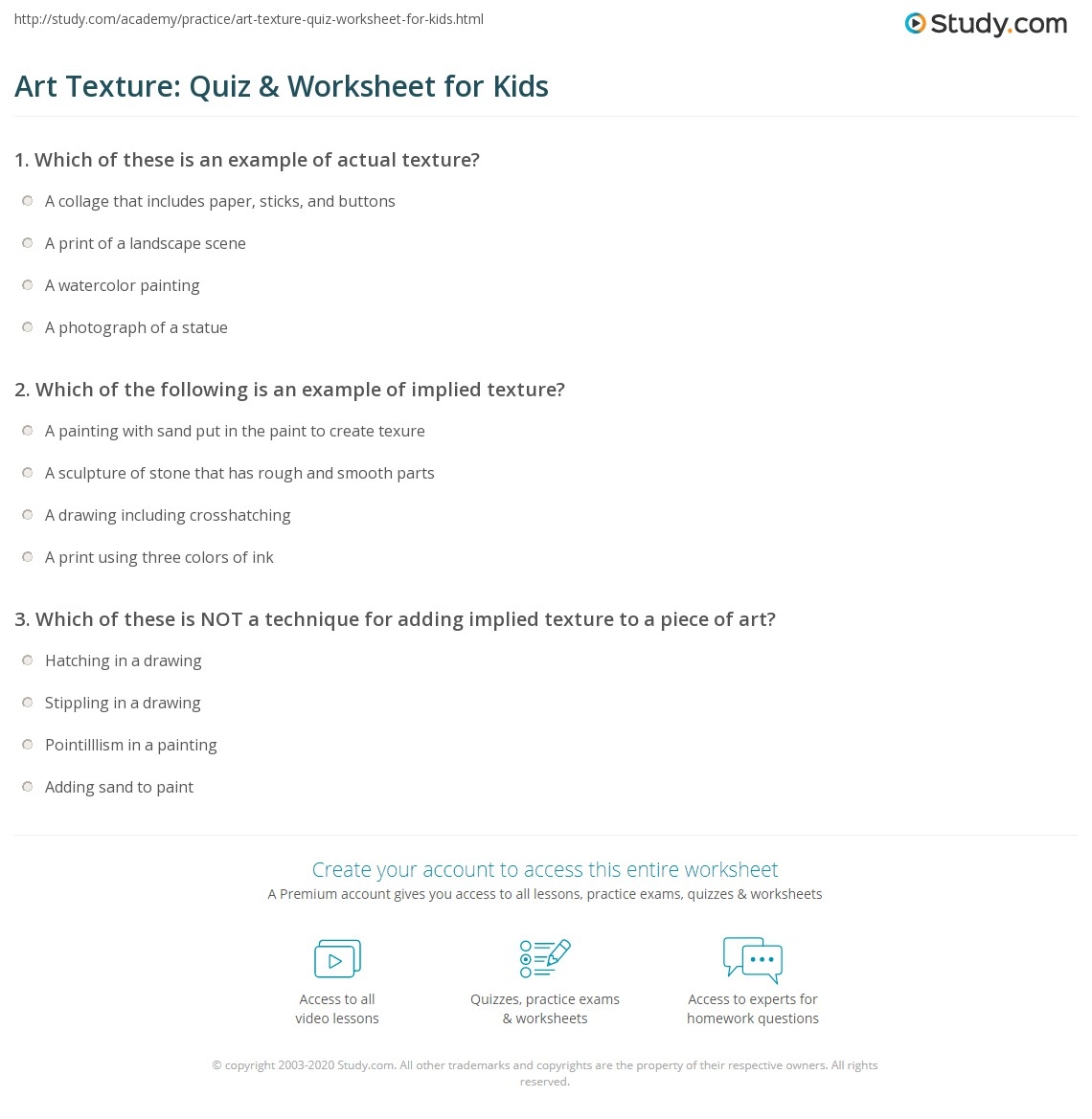 Art Texture Quiz Worksheet For Kids Study Art Texture Quiz Worksheet For Kids Study