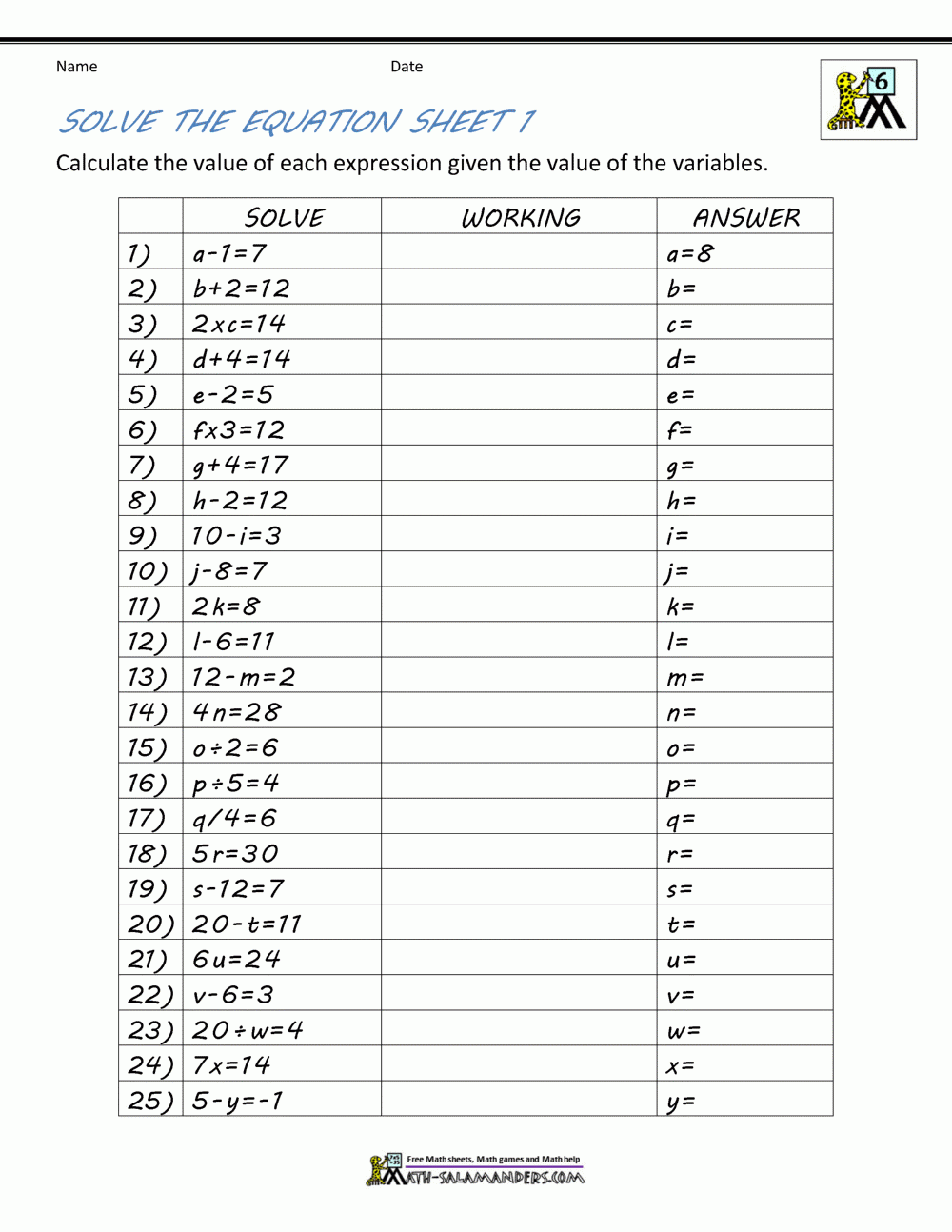 Quizzes Tests Algebra Printable