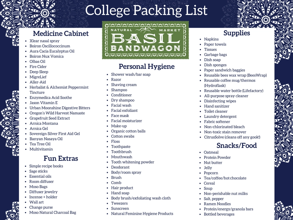 Basil Bandwagon Natural Market College Packing List
