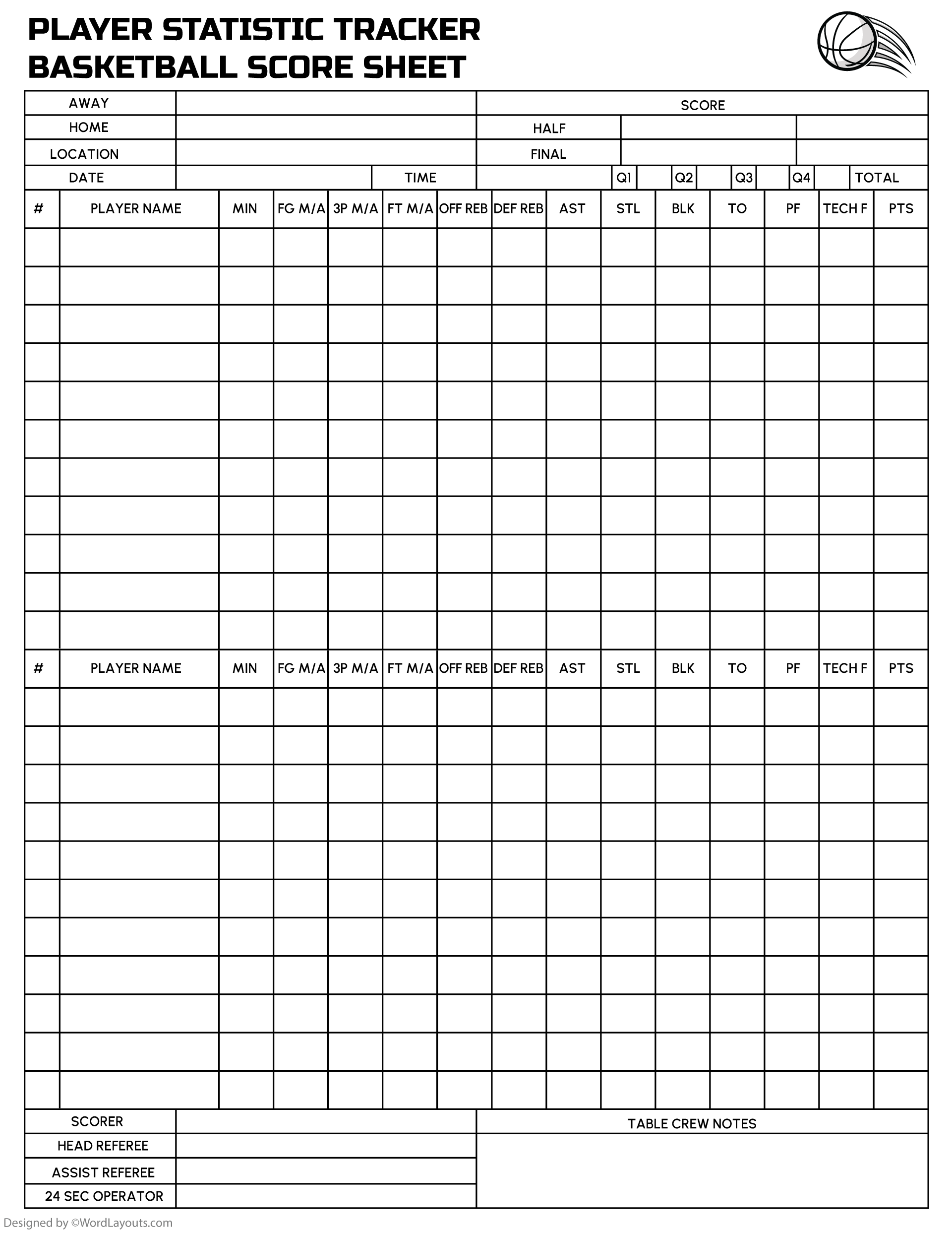 Basketball Game Time Tracker Stat Sheet Template WordLayouts