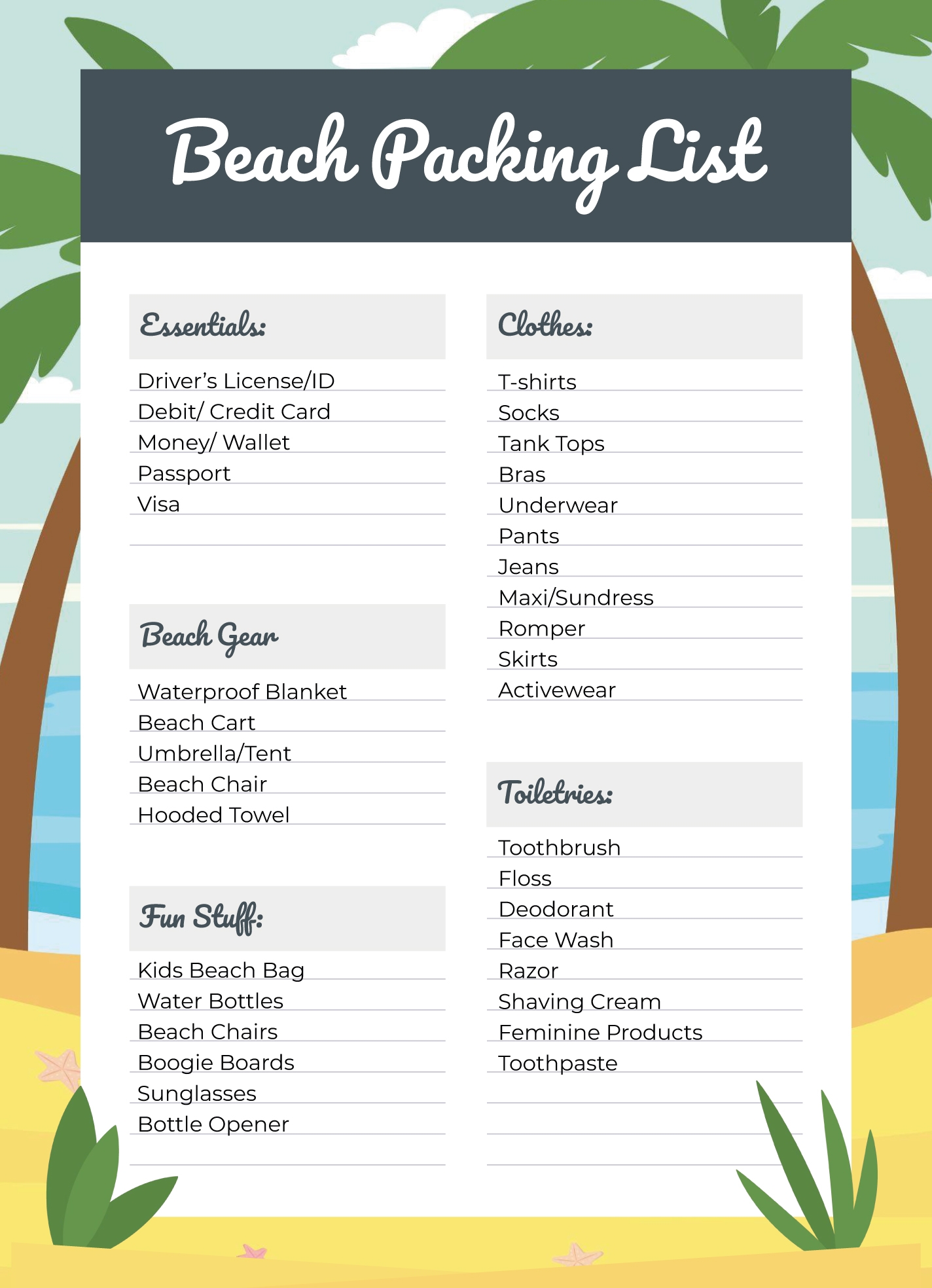 Free Printable Beach Packing List Free Printable Beach Packing List