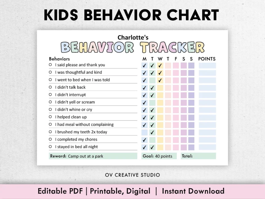 Behavior Reward Chart For Kids Printable Editable Digital PDF