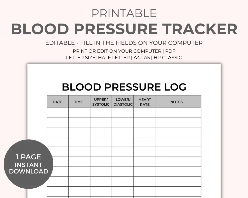 Blood Pressure Chart Printable Instant Download Medical Tracker Editable Blood Pressure Tracker BP Tracker Blood Pressure Log Etsy
