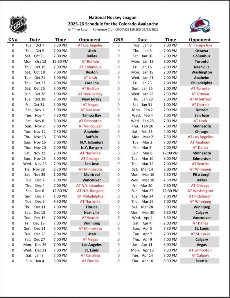Printable Colorado Avalanche Schedule Printable Colorado Avalanche Schedule