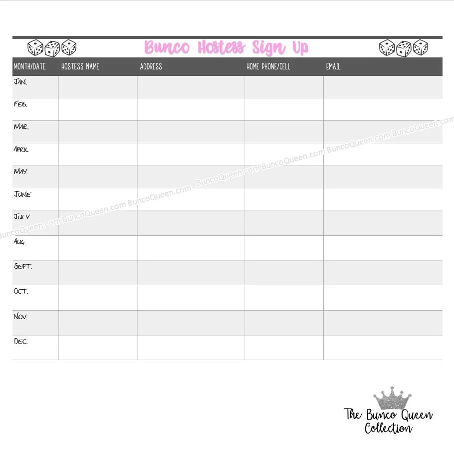 Bunco Sign Up Sheet Printables