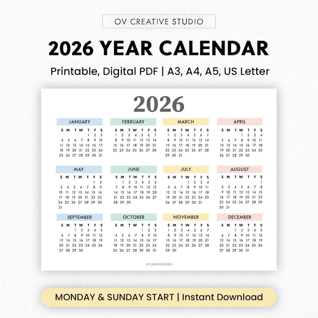 Buy 2026 Year Calendar Printable Year At A Glance Digital Download 2026 Annual Calendar Yearly Planner Yearly Tracker Wall Calendar Online 