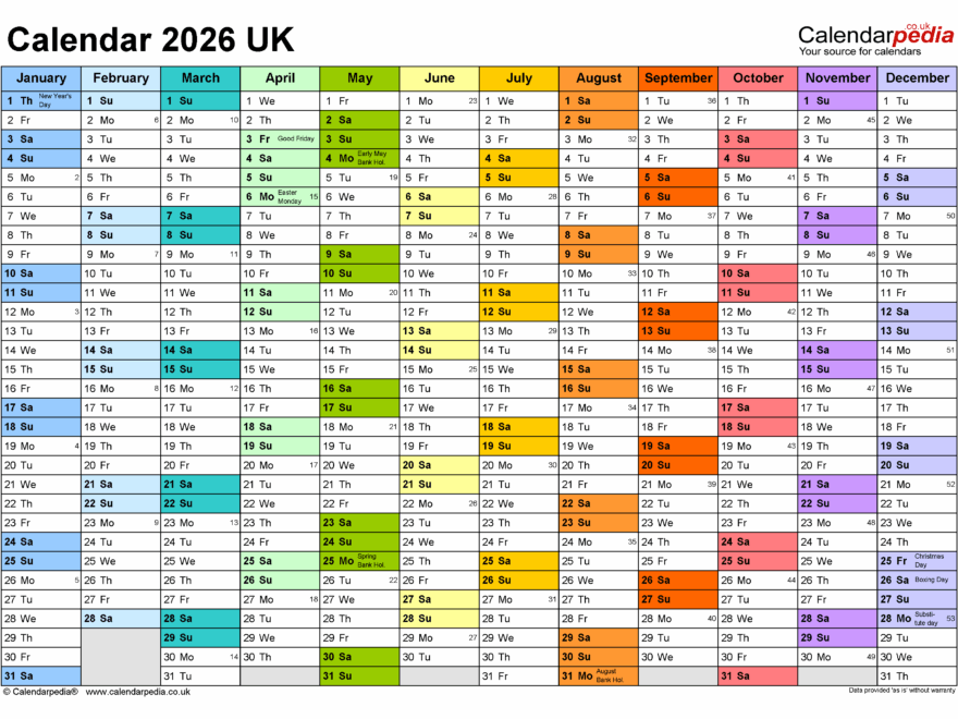 Calendar 2026 UK Free Printable PDF Templates