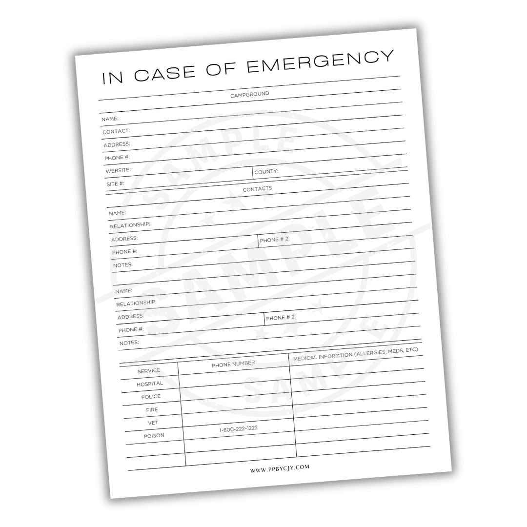 Campground In Case Of Emergency Sheet Printable PDF Safety Campground In Case Of Emergency Sheet Printable PDF Safety