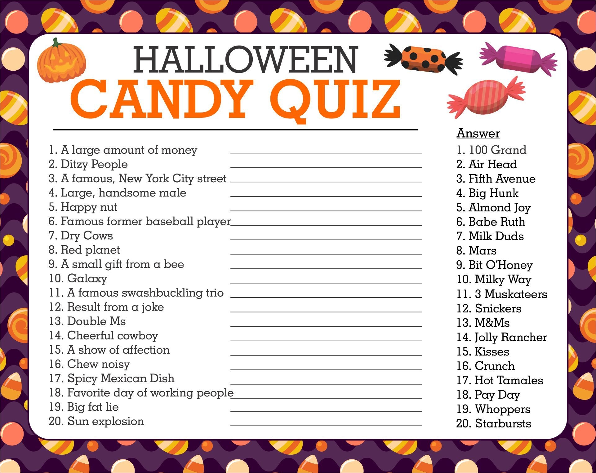 Halloween Candy Quiz Printable