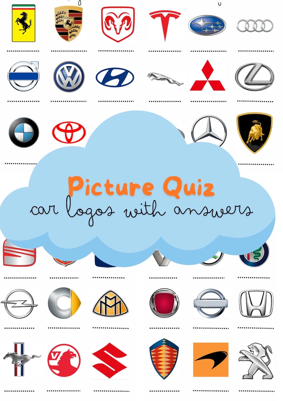 Car Logo Picture Quiz Printable Game Night Activity with Answers Car Logo Picture Quiz Printable Game Night Activity with Answers