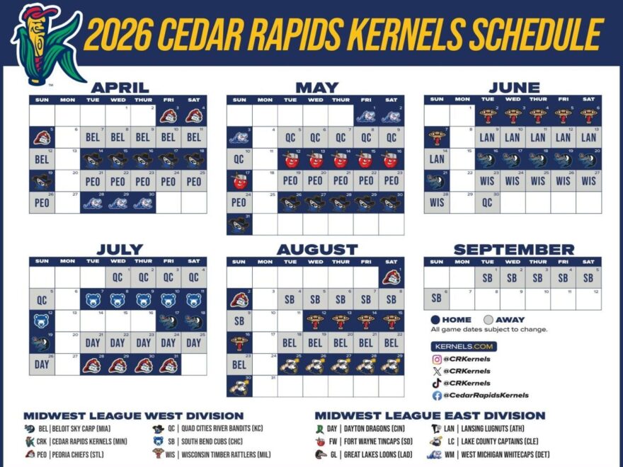 Cedar Rapids Kernels Unveil 2026 Schedule With 66 Home Games