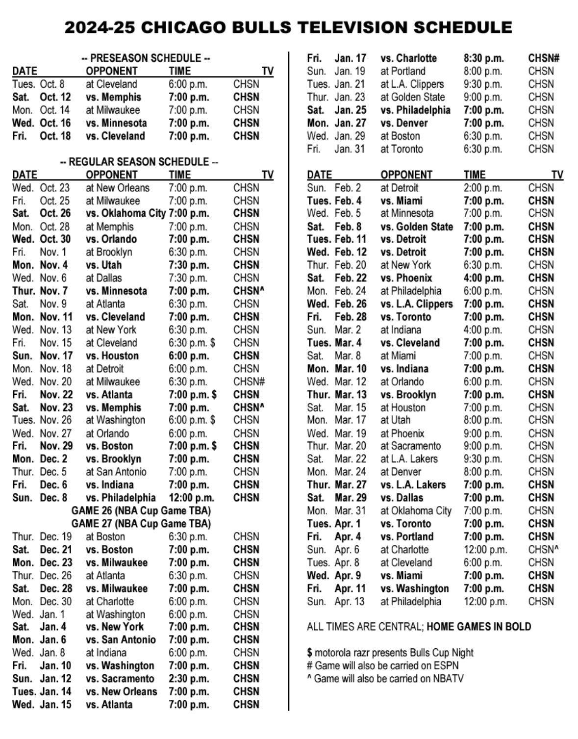 Printable Chicago Bulls Schedule 2025-26