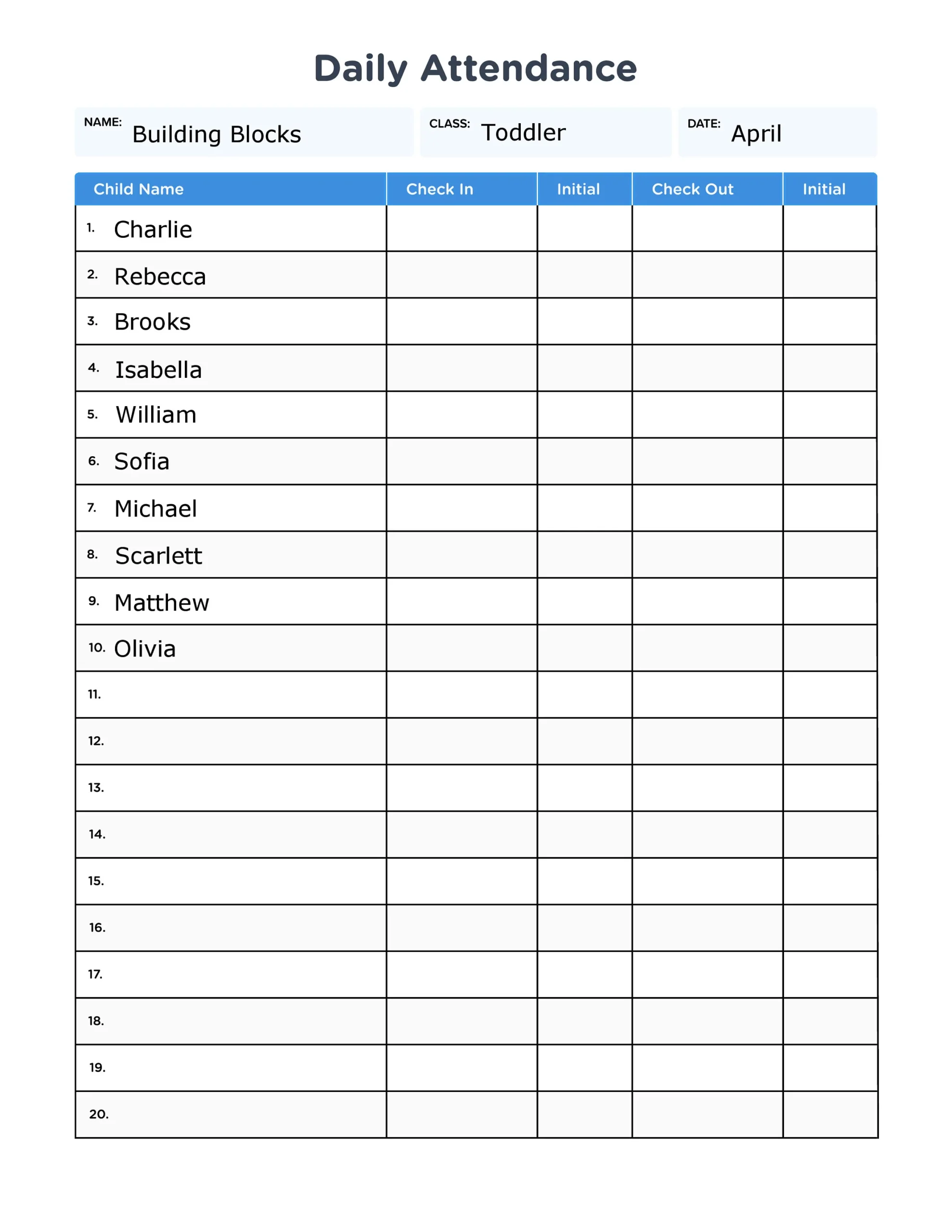 Childcare Daily Attendance Sheet With Fillable Form Fields HD 