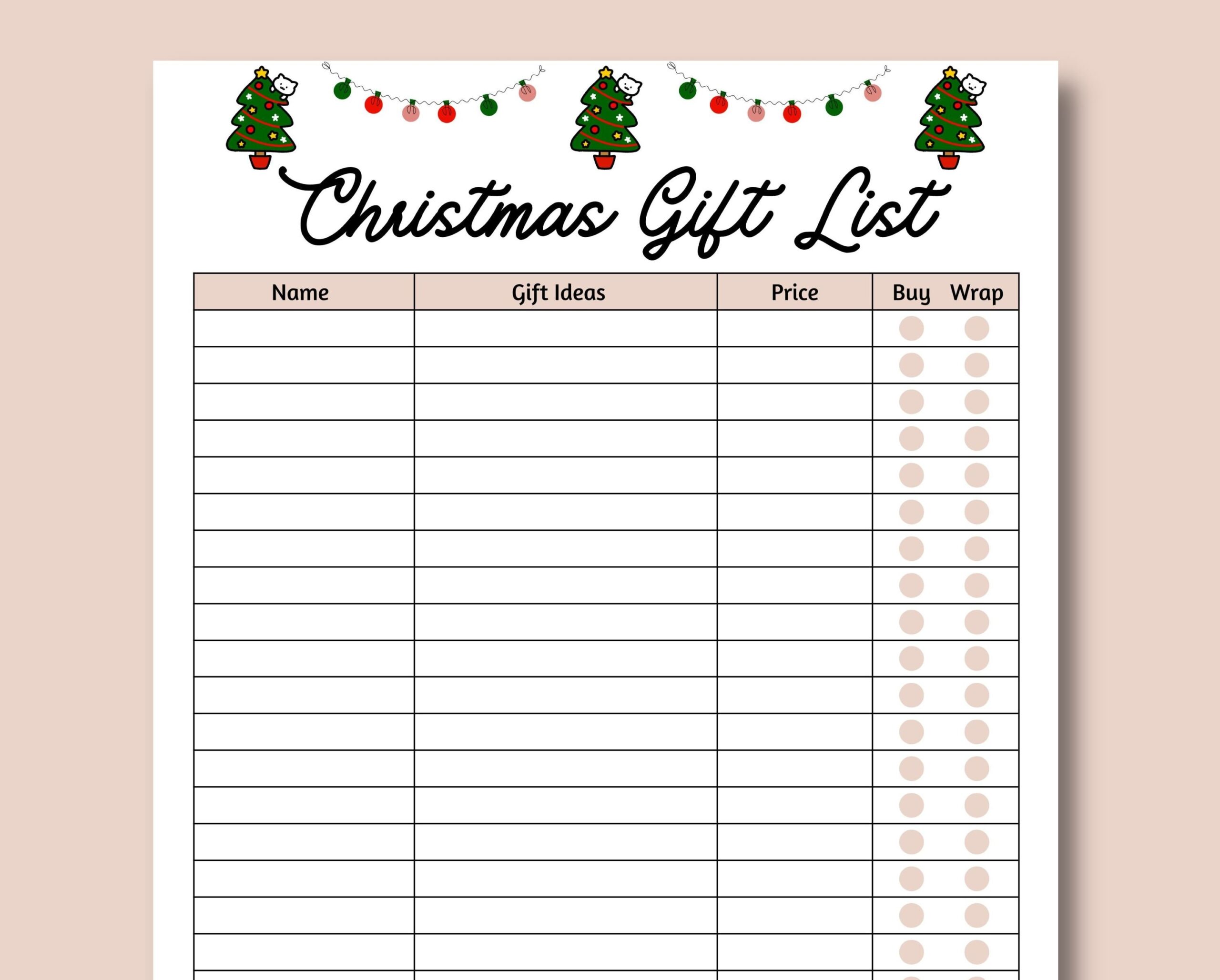 Christmas Present List Template Etsy Christmas Present List Template Etsy