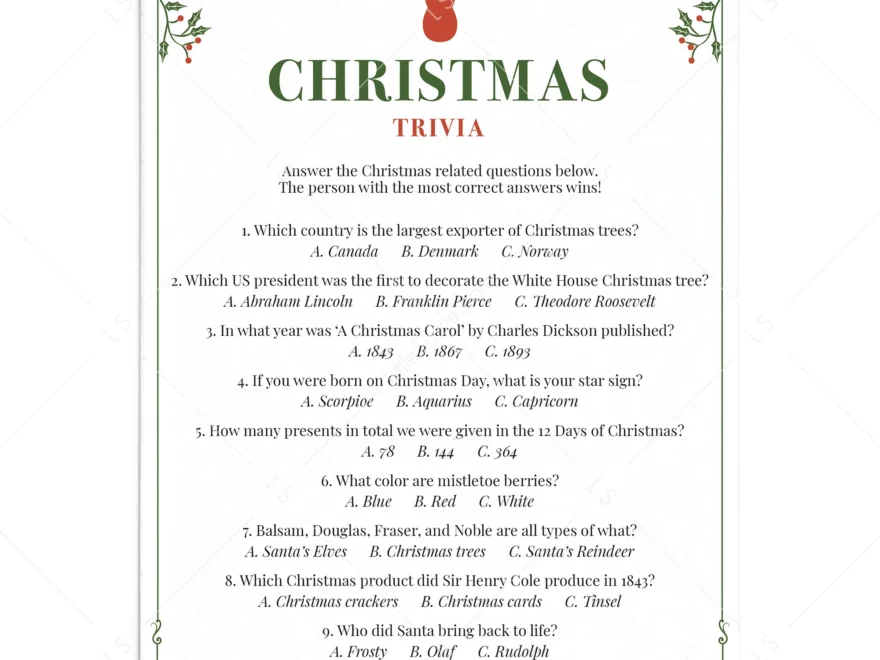 Christmas Trivia Questions And Answers Printable Instant Download