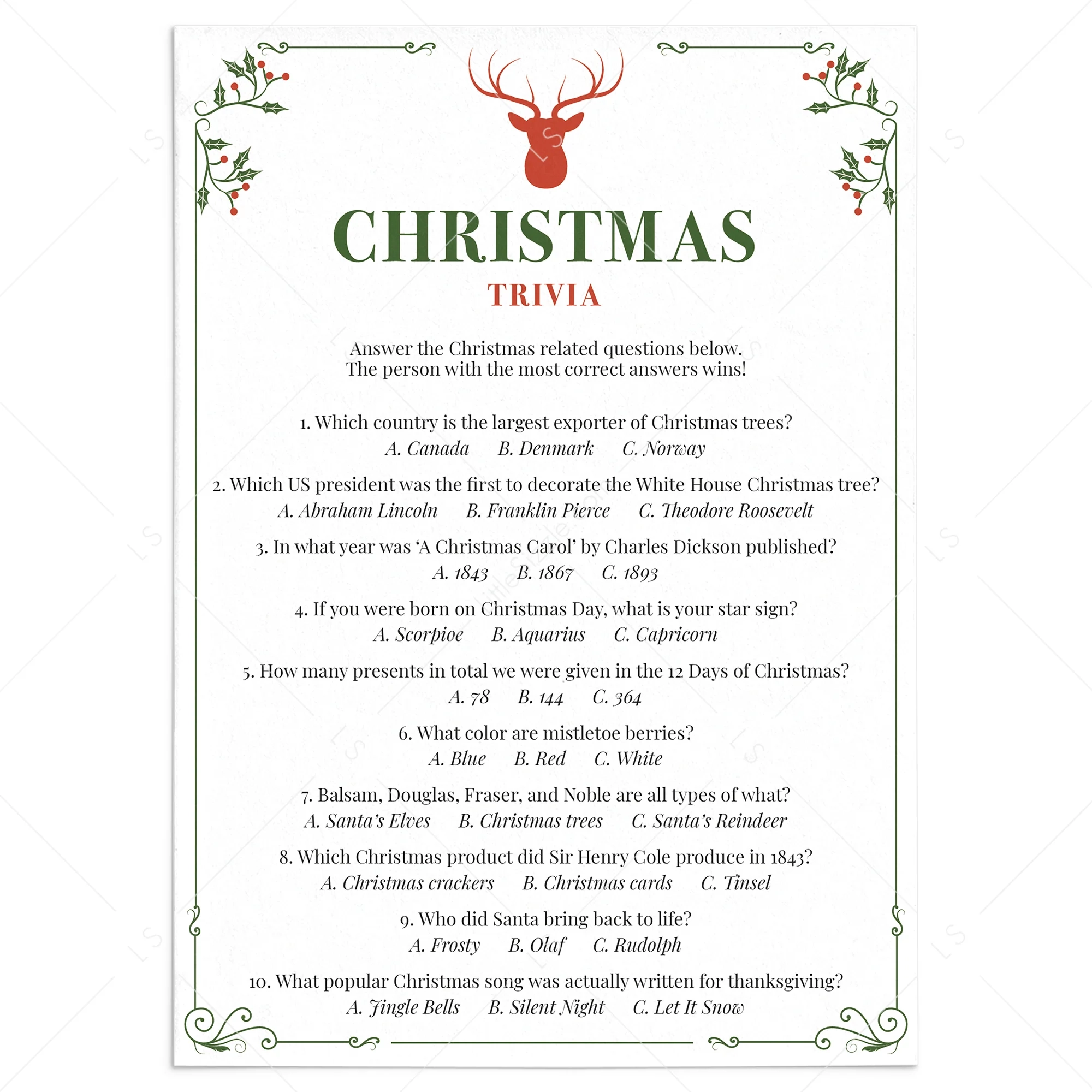 Christmas Trivia Questions And Answers Printable Instant Download