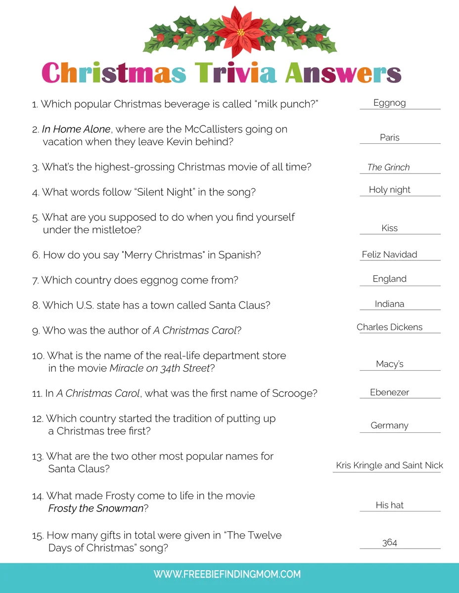 Christmas Trivia Game Answers Printable