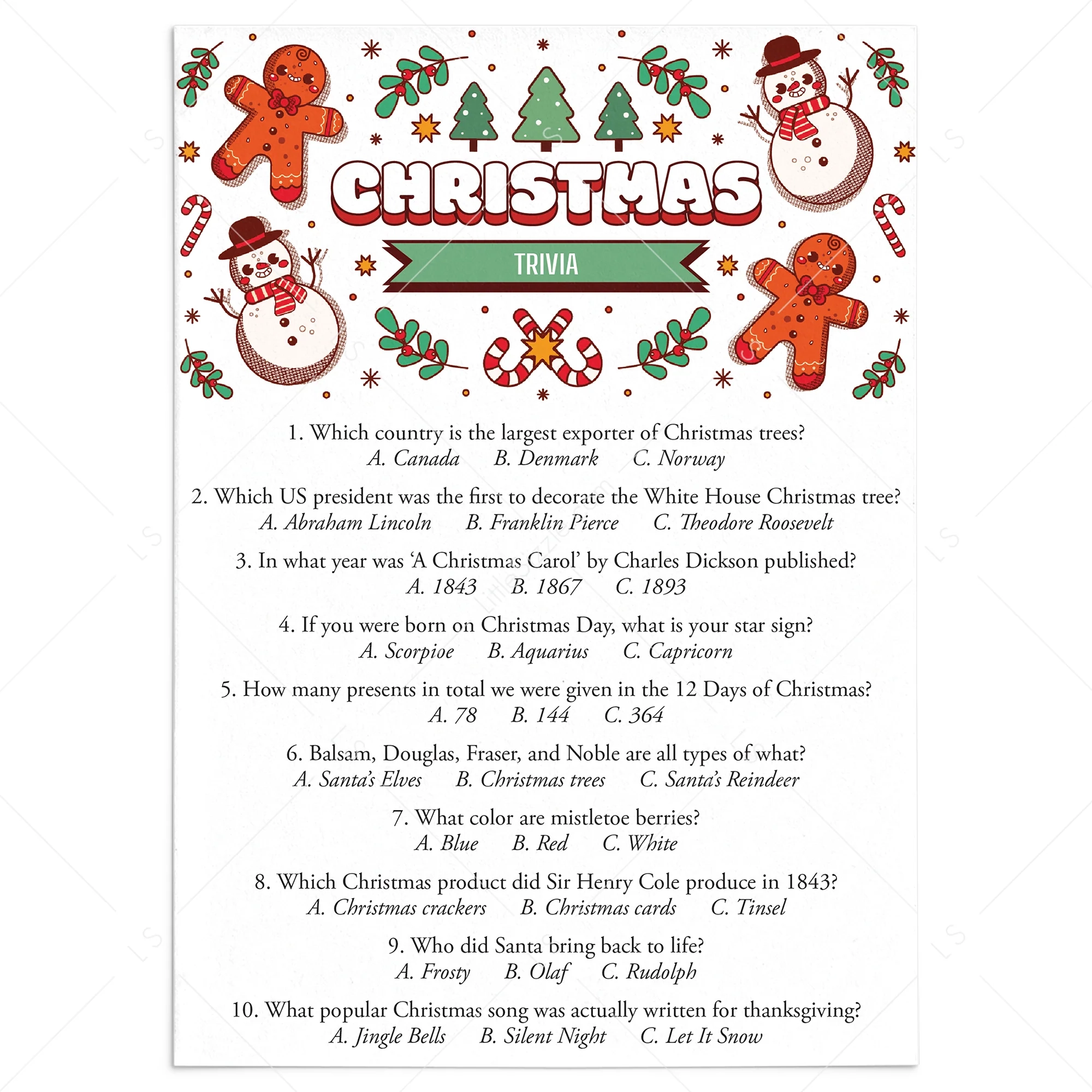 Christmas Trivia Quiz With Answers Printable Christmas Party Games LittleSizzle