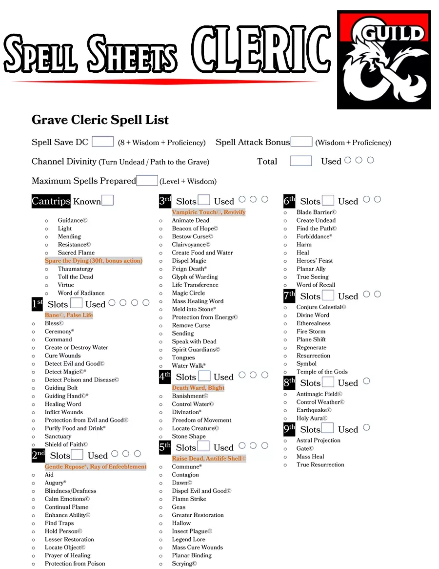 Class Specific Spell Sheets Cleric V1 9 EE UA XGtE TCoE Dungeon Masters Guild Dungeon Masters Guild