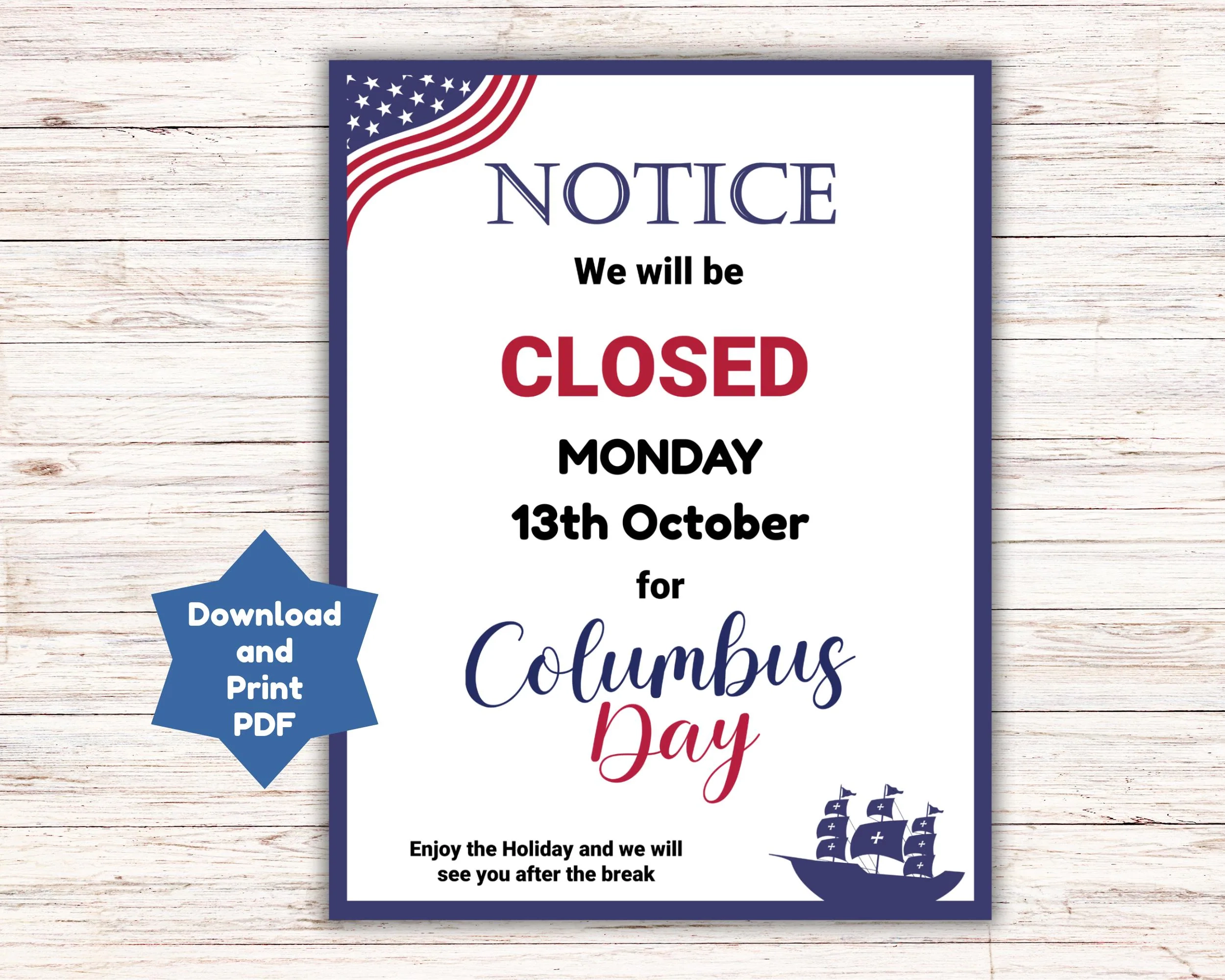 Printable Closed Sign For Columbus Day
