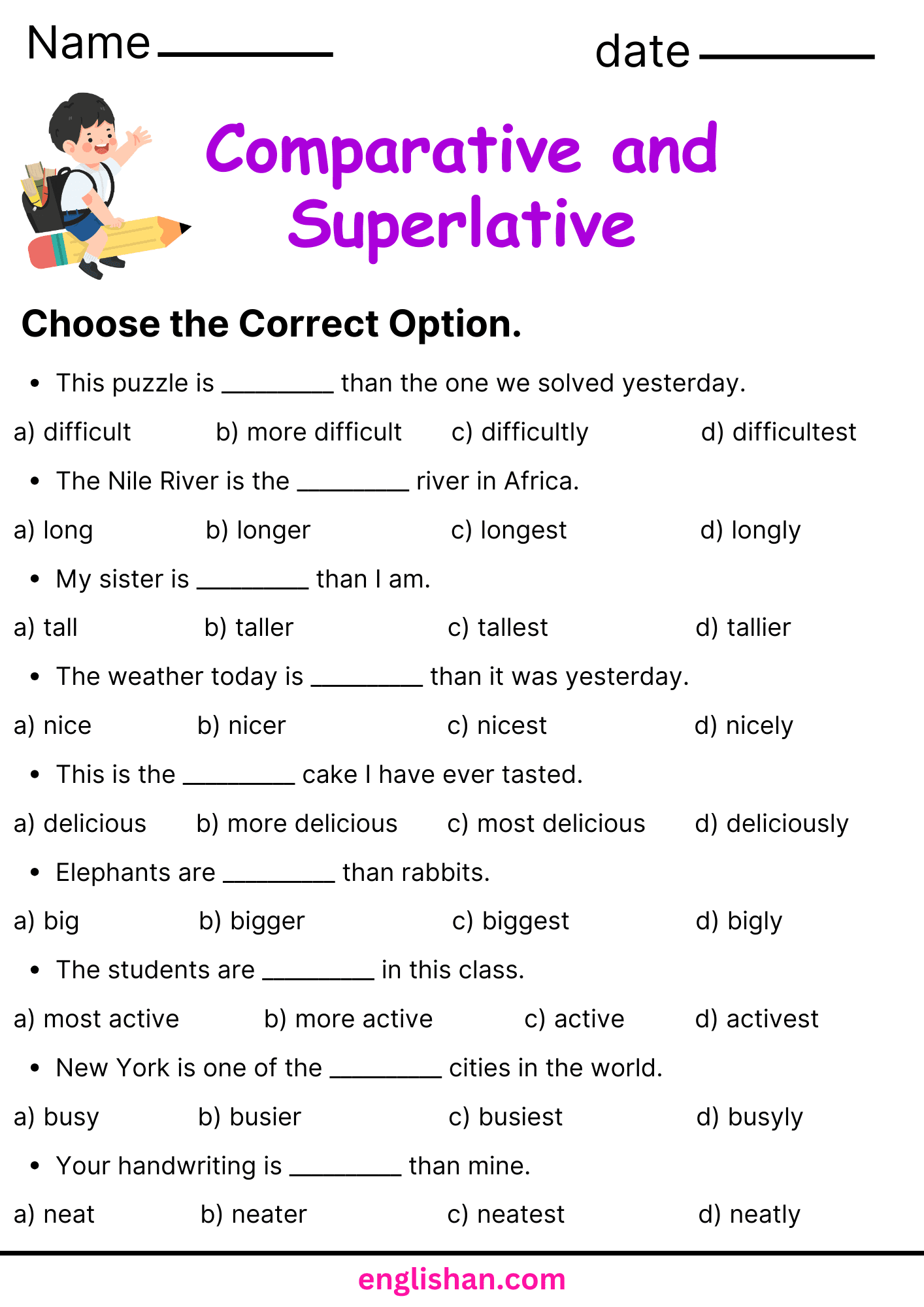 Comparative And Superlative Adjectives Quiz Printable