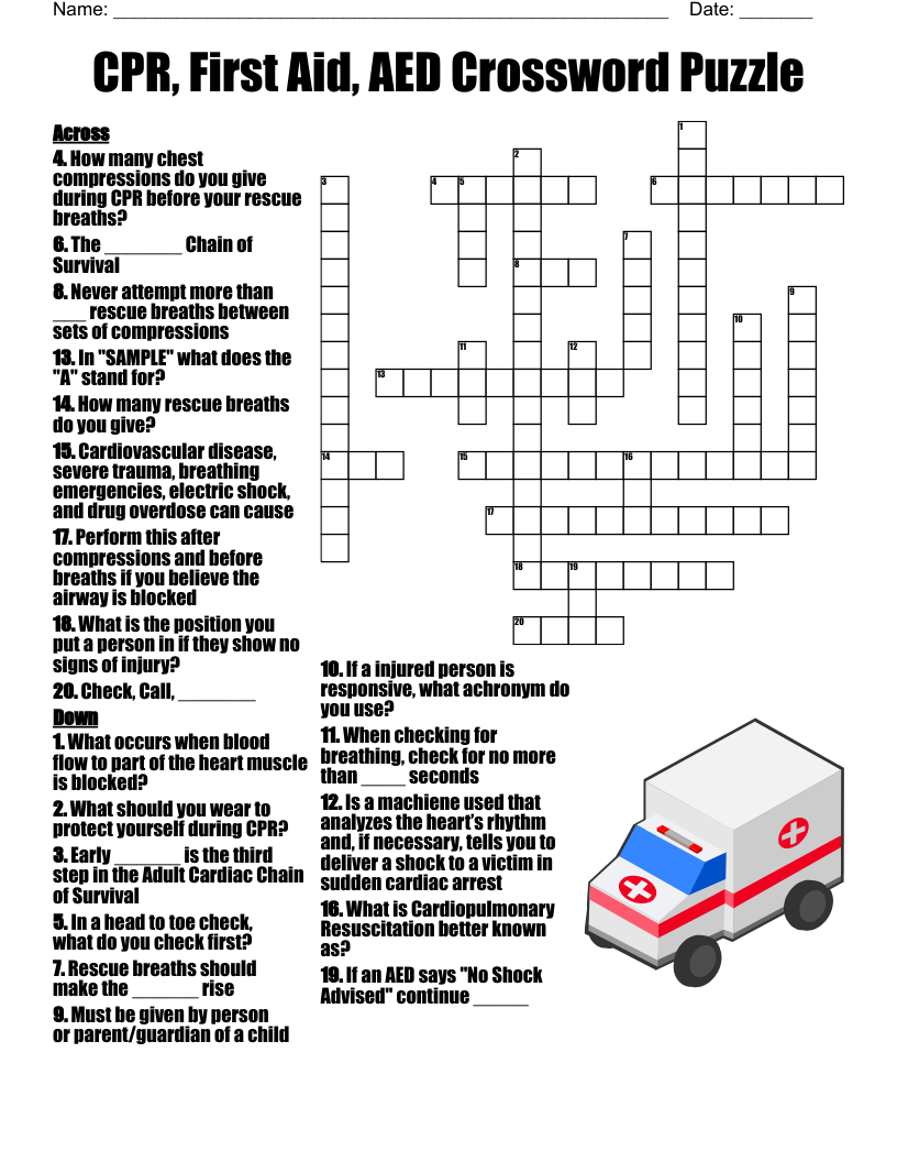 CPR First Aid AED Crossword Puzzle WordMint CPR First Aid AED Crossword Puzzle WordMint