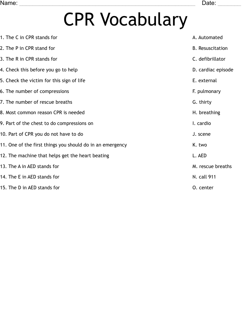 CPR Vocabulary Worksheet WordMint CPR Vocabulary Worksheet WordMint