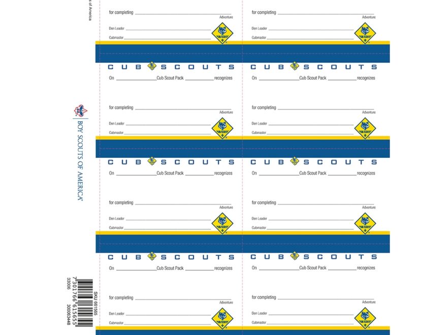Cub Scout Adventure Pocket Certificate 1 8 Count Sheet Boy Scouts Of America