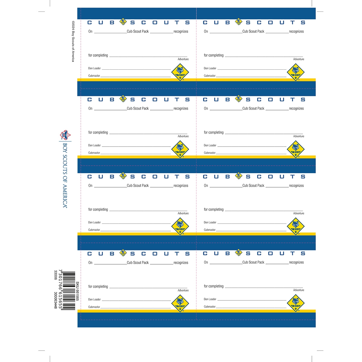 Cub Scout Adventure Pocket Certificate 1 8 Count Sheet Boy Scouts Of America Cub Scout Adventure Pocket Certificate 1 8 Count Sheet Boy Scouts Of America
