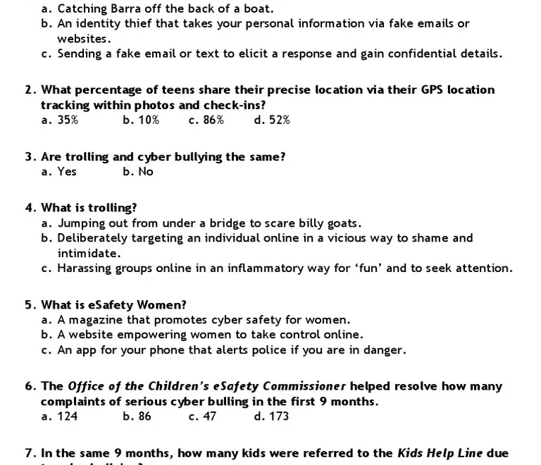 cyber safety quiz pdf cyberbullying security