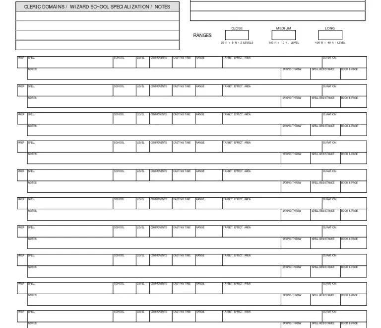D amp D 3 5 Spell Sheet PDF Tsr Company Games Tabletop Games