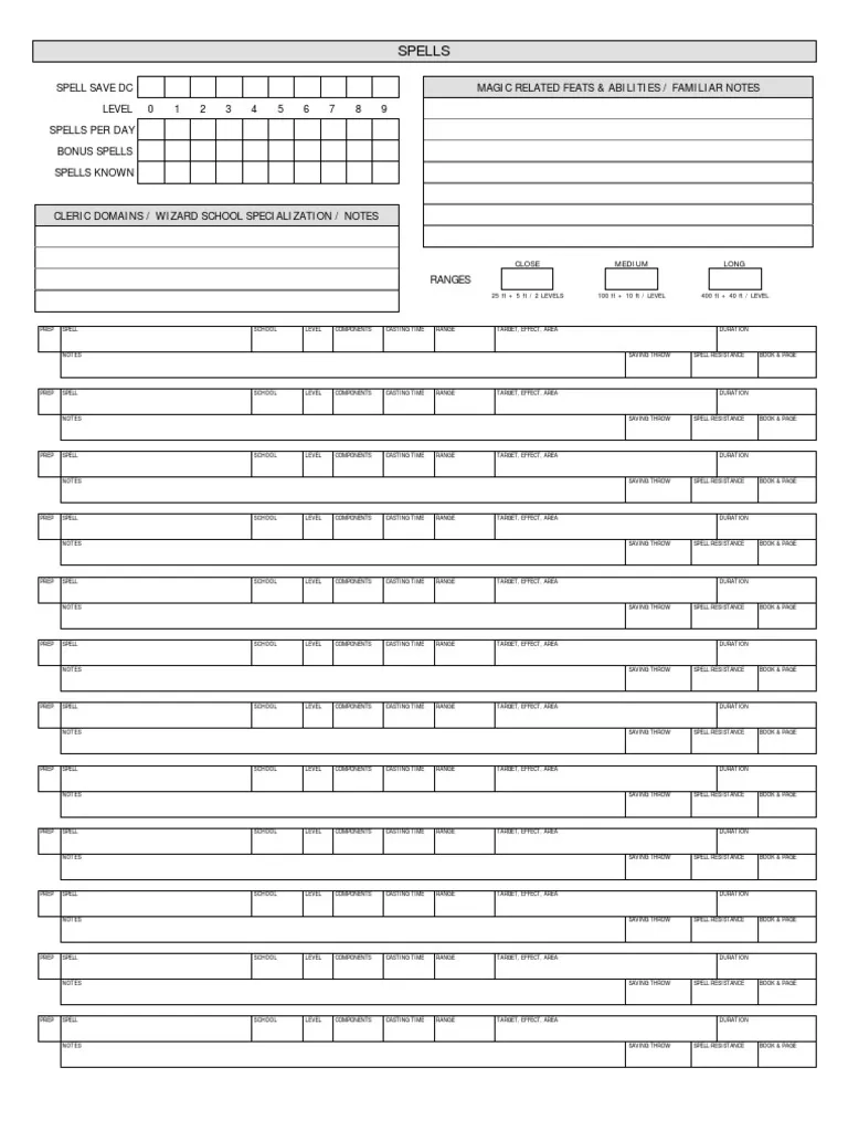 D amp D 3 5 Spell Sheet PDF Tsr Company Games Tabletop Games