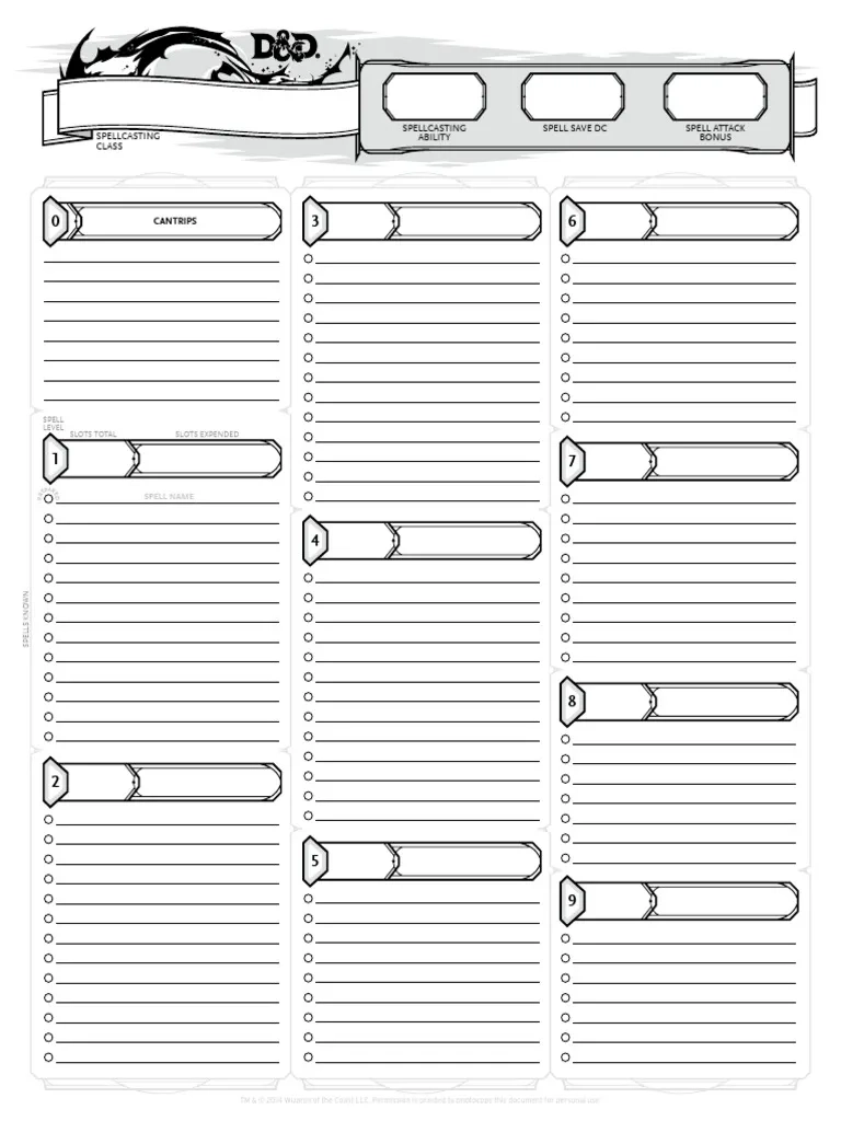 D amp D 5 0 Spellcasting Sheet Form Fillable PDF D amp D 5 0 Spellcasting Sheet Form Fillable PDF
