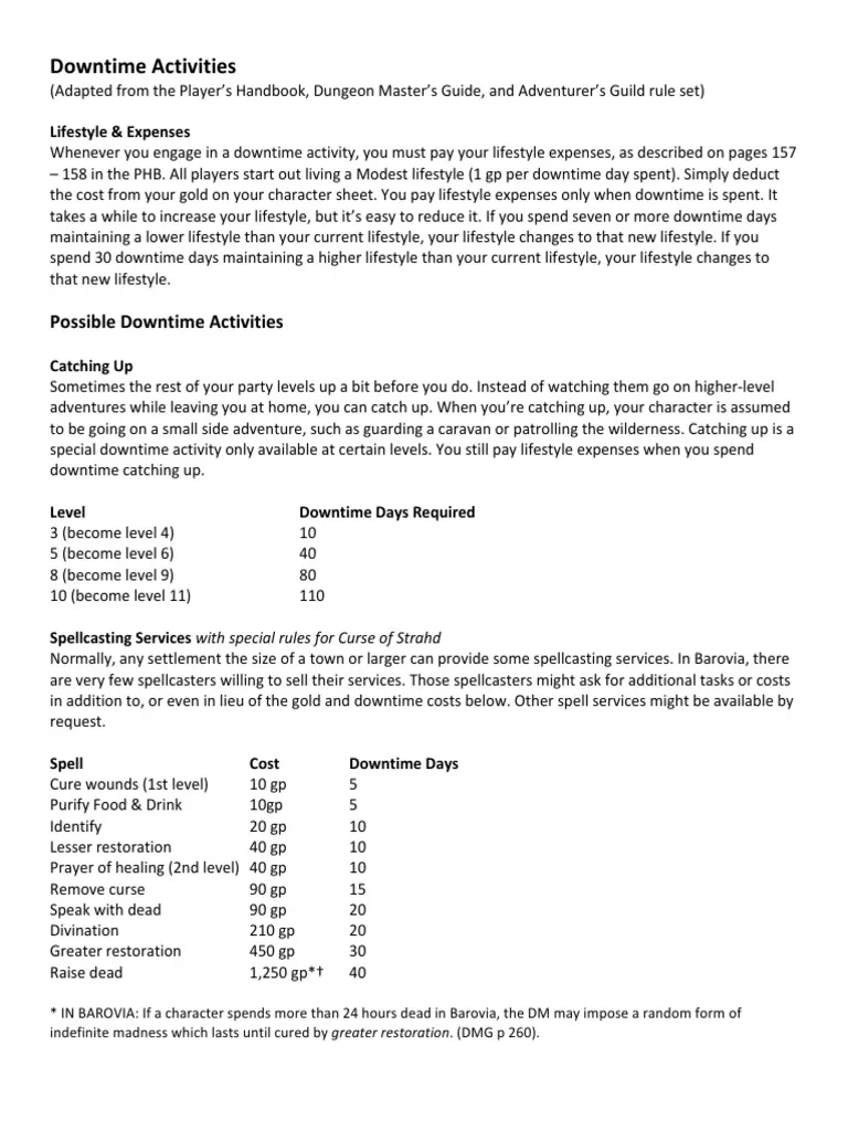 D&D List Of Downtime Activities Printable