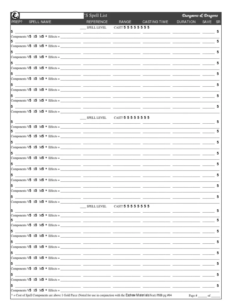 D amp D Spell List Template PDF Dungeons amp Dragons Gary Gygax Games