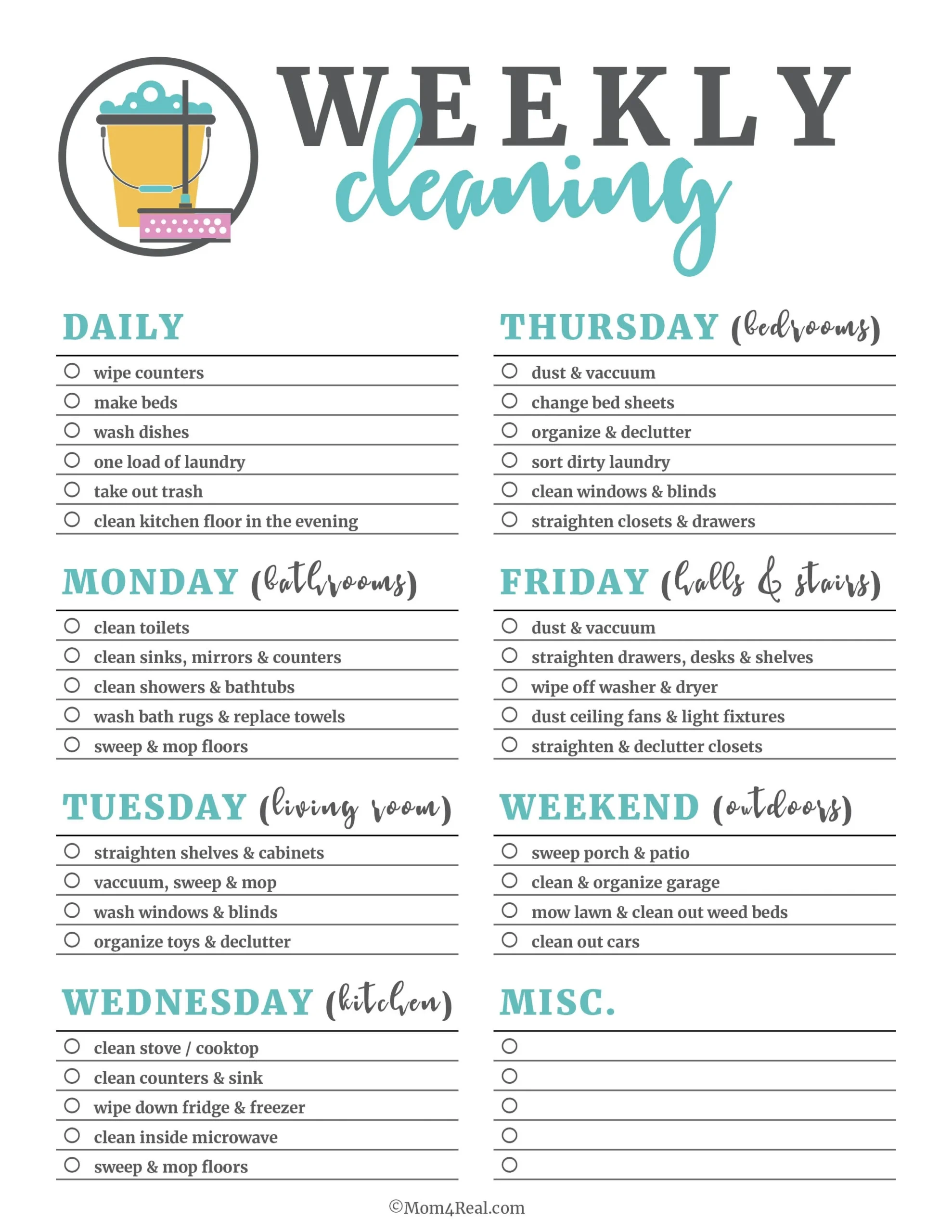 Schedule For House Cleaning Printable