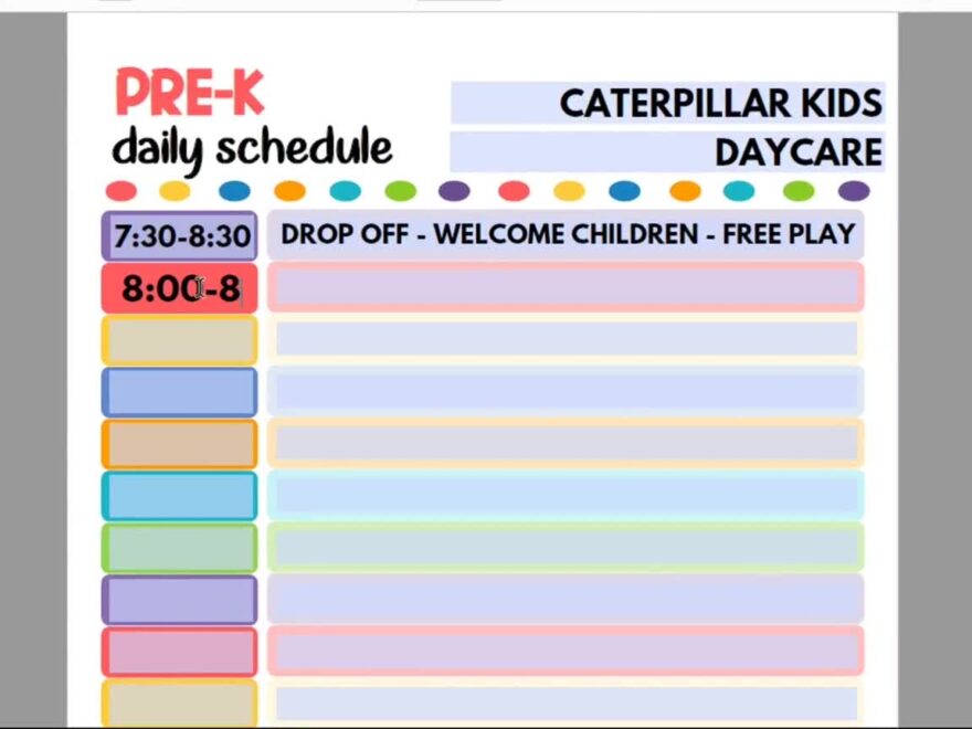 Daycare Daily Schedule For Pre K Printable Child Care Fillable PDF