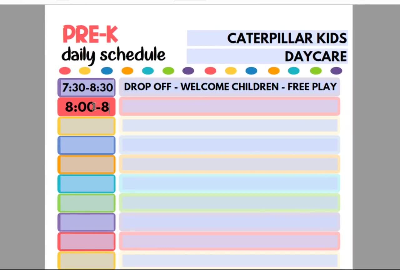 Daycare Daily Schedule For Pre K Printable Child Care Fillable PDF Daycare Daily Schedule For Pre K Printable Child Care Fillable PDF