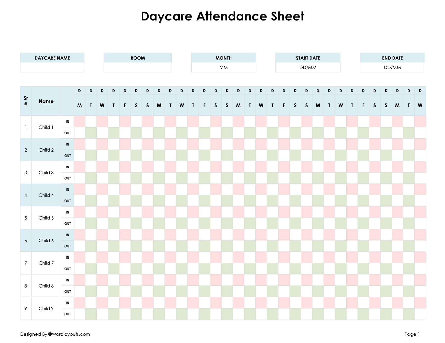 Daycare Monthly Attendance Sheet Template Excel Word 