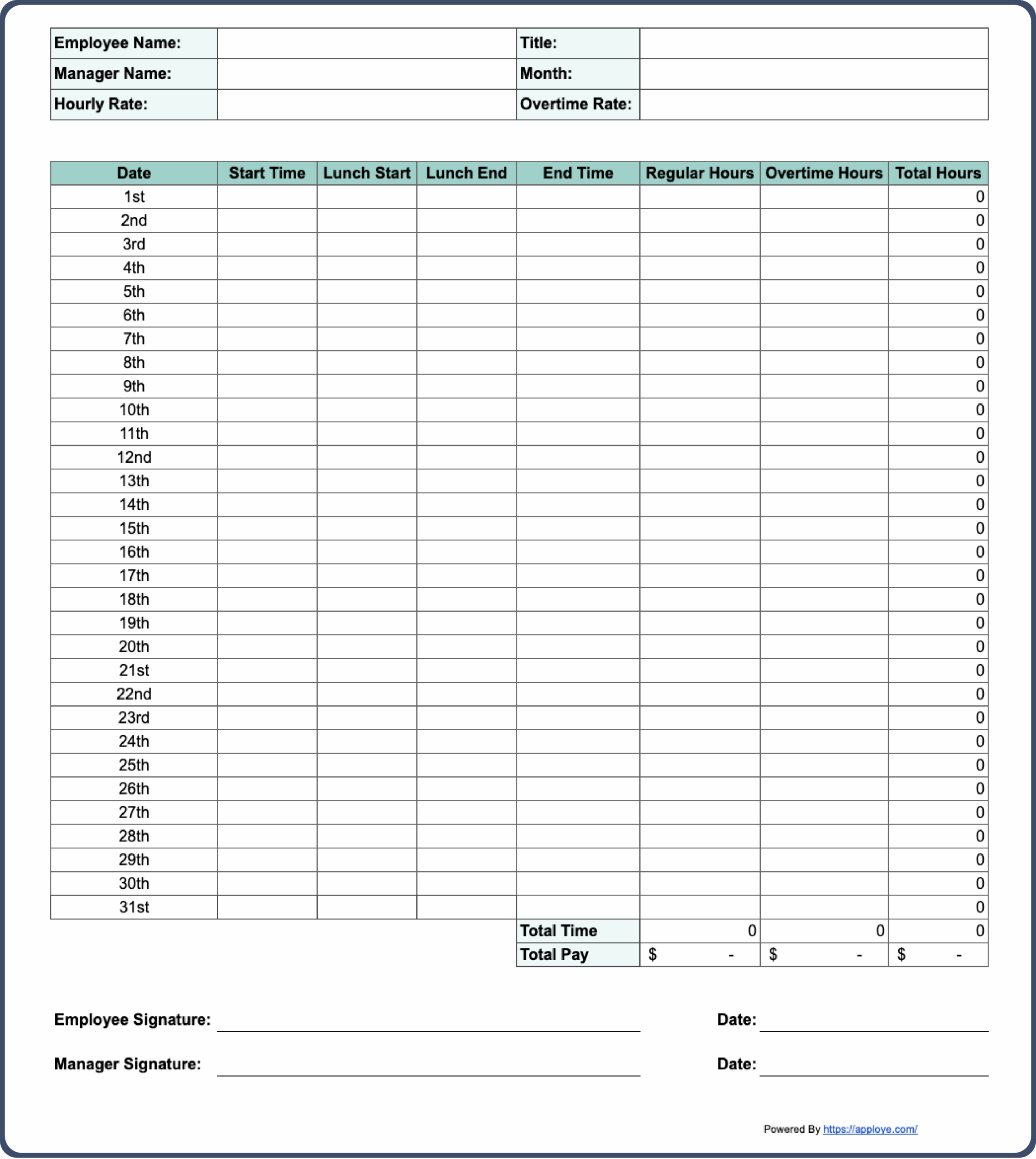 Printable Work Hour Time Sheet