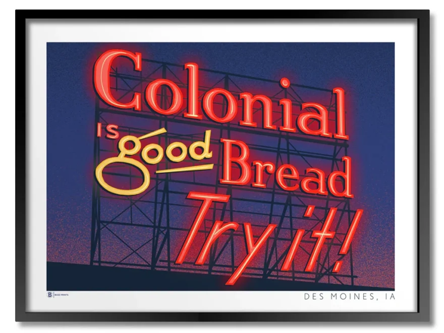 Des Moines Colonial Sign At Night Print Bozz Prints