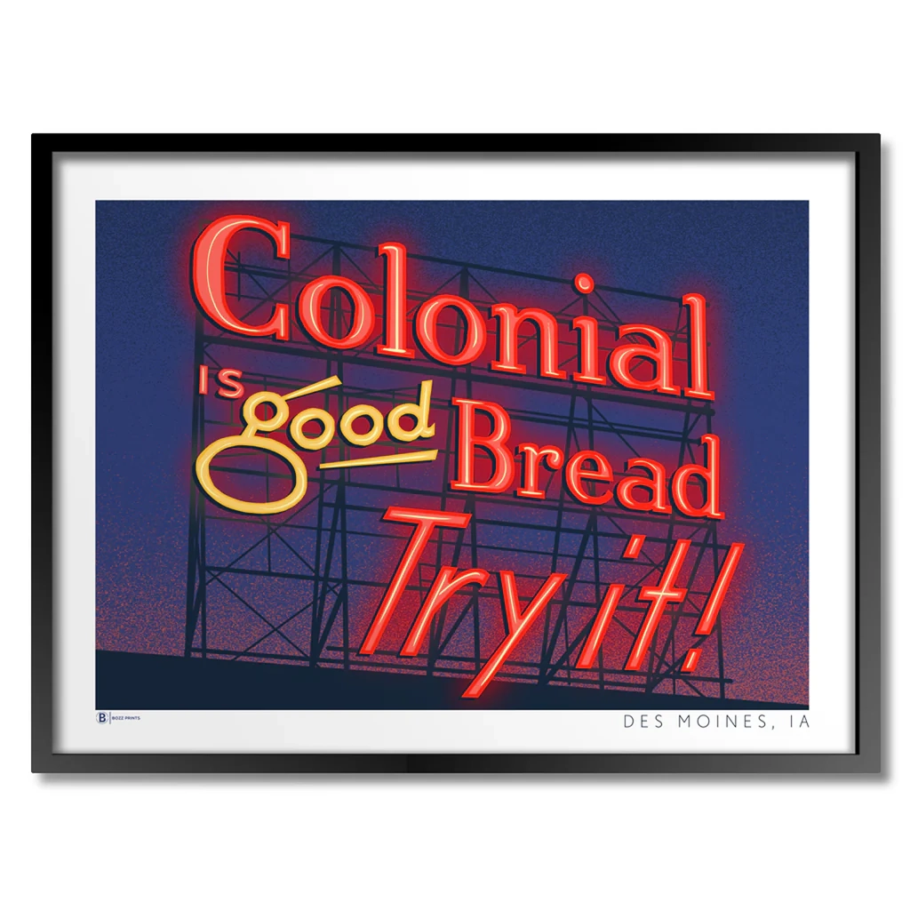 Des Moines Colonial Sign At Night Print Bozz Prints