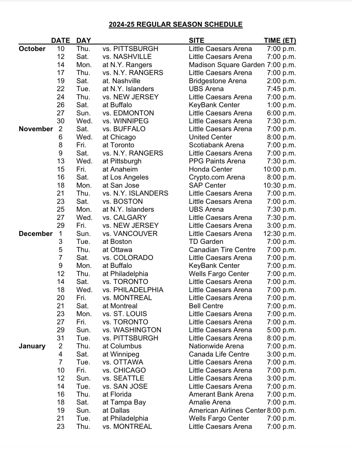Printable Detroit Red Wings Tv Schedule Printable Detroit Red Wings Tv Schedule