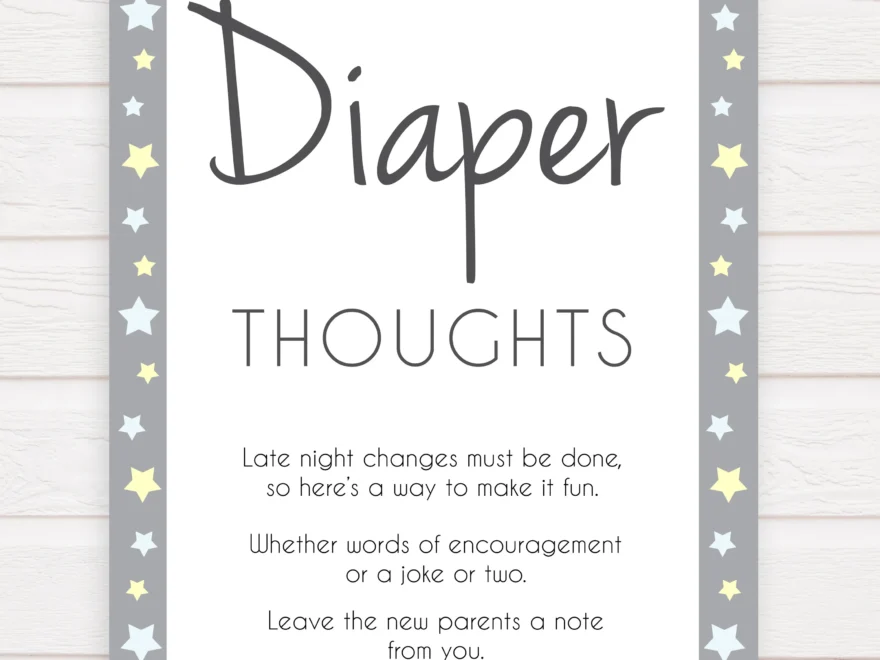Diaper Thoughts Grey Yellow Stars Printable Baby Shower Games OhHappyPrintables