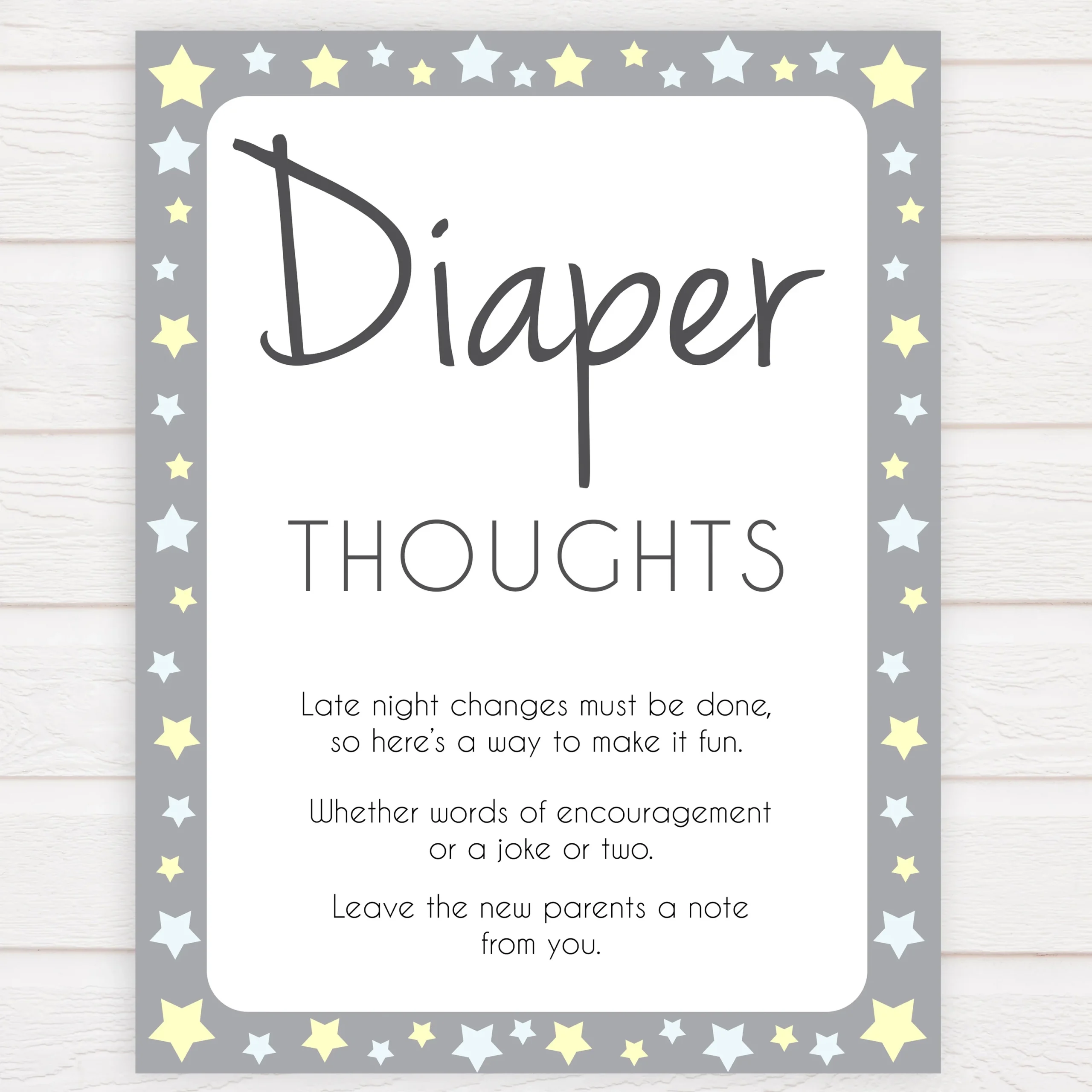 Diaper Thoughts Grey Yellow Stars Printable Baby Shower Games OhHappyPrintables
